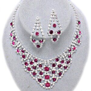 Fuchsia Pink  Silver Rhinestone Crystal Necklace Earrings Wedding Prom Evening